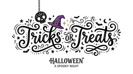 Decorative hand lettered tricks or treats design for a happy halloween day special festive celebration and seasonal holiday greeting card © Popy