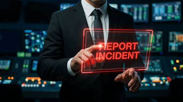 Businessman pressing report incident glowing virtual button in control room environment