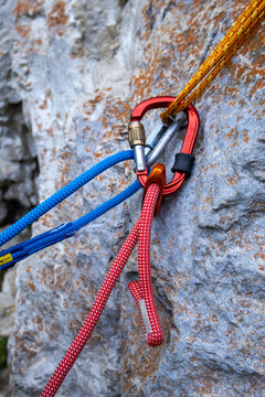 Close-up of rock climbing anchor system with carabiner and dynamic ropes on limestone wal