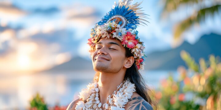 Indigenous Pacific Islander man in traditional feather headdress and body art at sunset, representing cultural heritage, identity, tradition and island community.