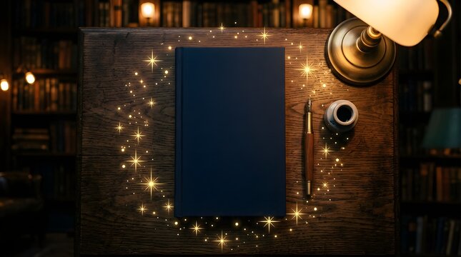 Blank dark blue book on a wooden library desk with glowing magical stars