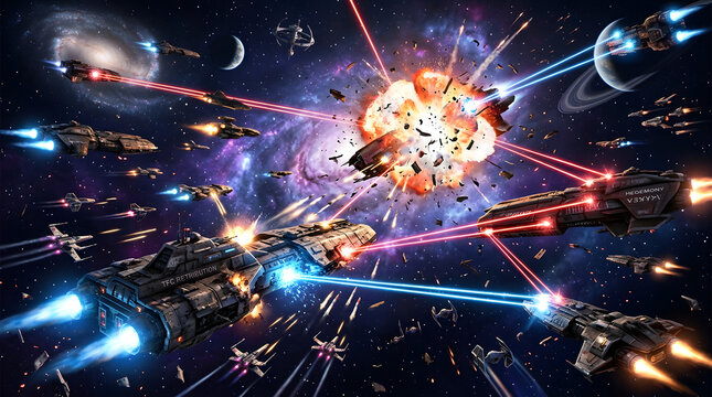 Epic Space Battle: Fleets clash amidst explosion, lasers, and distant planets