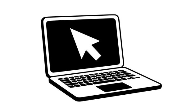 Black laptop silhouette with cursor arrow icon for online clicking and digital activity