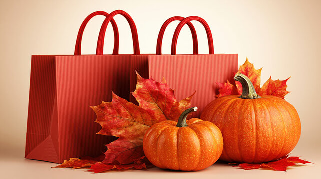 Autumn shopping bag beside pumpkin and leaf on neutral background, warm harvest still life