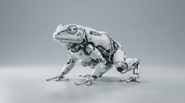 Angled view of white futuristic robotic frog