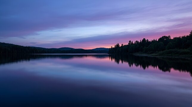 Serenity of dusk over a tranquil lake with silhouette of forested hills against a vibrant purple and pink sky mirrored in the water