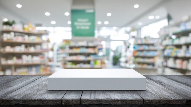 White product display podium on dark wood table inside blurred pharmacy store. Ideal for healthcare product.
