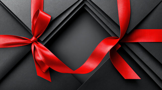 Black paper layers red ribbon gift flat lay abstract background decoration festive elegant modern