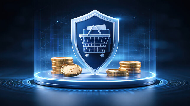 Digital wallet protects shopping basket with shield and coins, secure online payment concept in blue glow