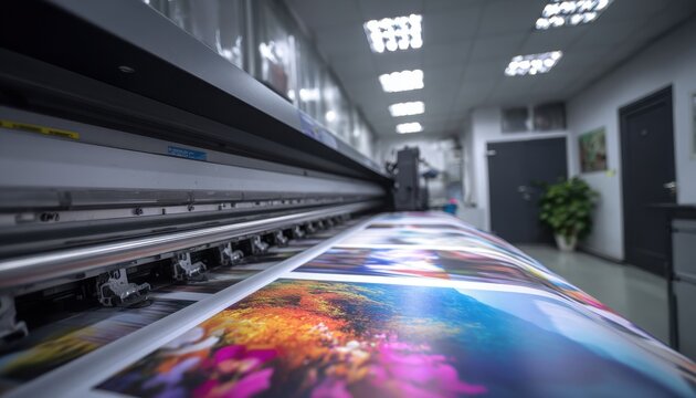 Industrial large format inkjet printer working in a print shop. Perfect for commercial printing and.
