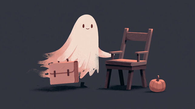 Ghost briefcase chair pumpkin halloween character cartoon cute friendly spooky white pink wooden illustration isolated dark smiling costume figure