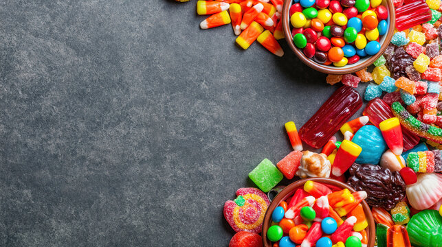Halloween candy flat lay with colorful sweets and copy space on dark background for festive seasonal design