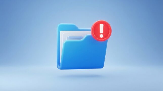 3D blue folder icon with red exclamation mark alert.