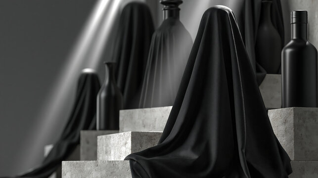 Hidden product silhouette, black drape, stone pedestal, studio light, gray background, abstract display