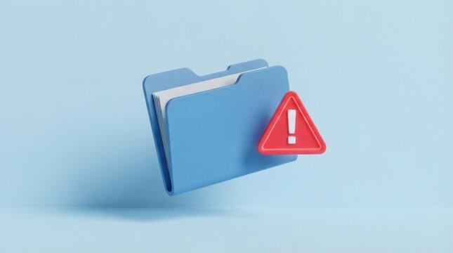 3D blue folder icon with red warning exclamation mark.