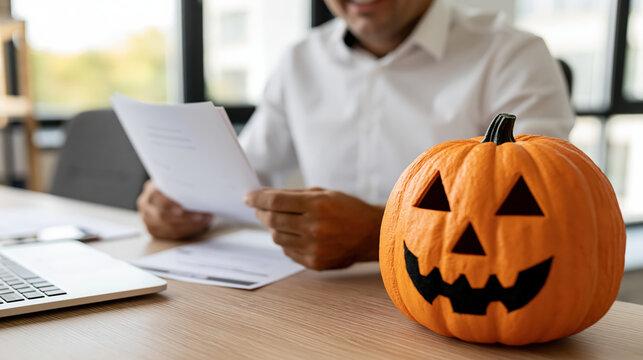 Recruiter reviewing paper application beside pumpkin on office desk, autumn hiring concept