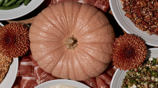 Pumpkin autumn table with dinner plate, flower, meat, and side dish for thanksgiving celebration