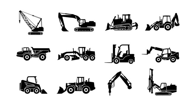 Construction Equipment Icons Set, Heavy Machinery Vector Graphics, Industrial Vehicles Collection