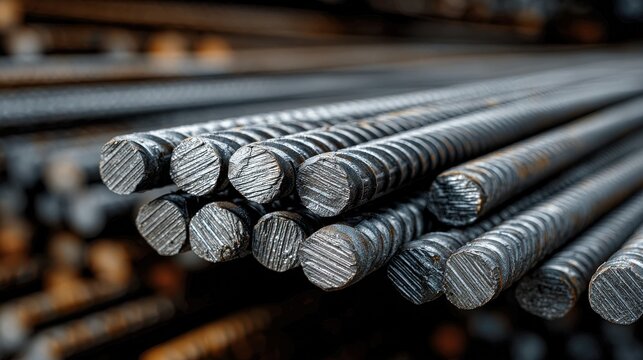 Industrial metal rebar stacked tightly in a factory. Construction material supply concept for engineering ads.
