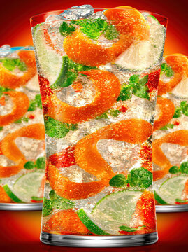 Sparkling citrus drink with orange and lime slice, mint in tall glass on red background