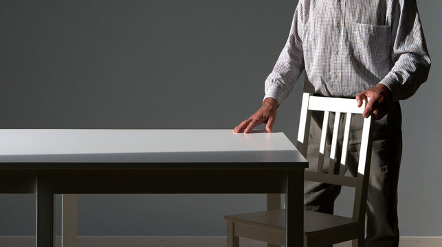 Standing man arranging chair beside table in simple studio space