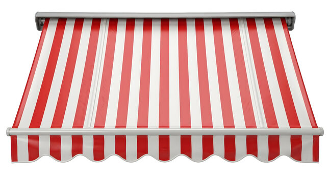 Red and white striped retractable shop awning isolated on transparent background