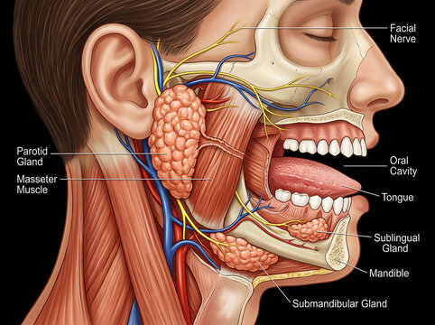 Human head anatomy, salivary glands, facial nerve, oral cavity, and muscles