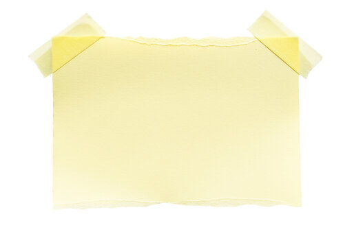 Torn yellow sticky note paper with masking tape, reminder or message on transparent background.