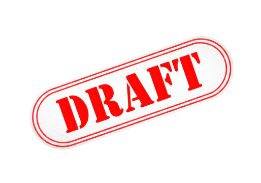 Red and white DRAFT stamp impression on white oval background, business document marking.