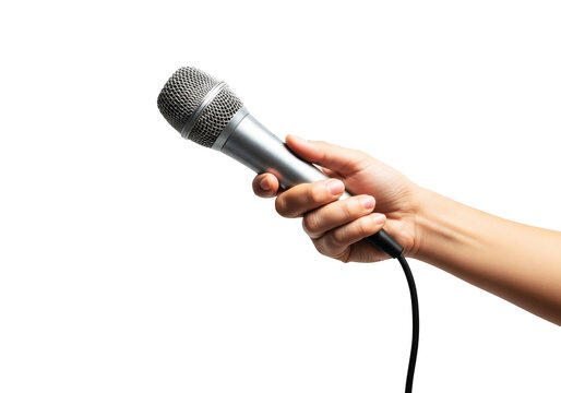 Close up of a hand holding a silver microphone with black cable against a grey checkered background, ready for a performance or interview.