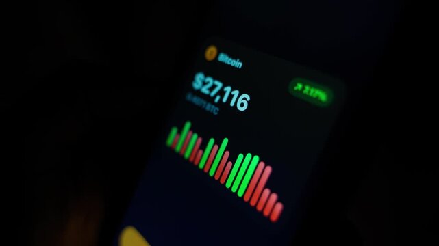 Smartphone screen showing cryptocurrency price and chart in dark close-up 