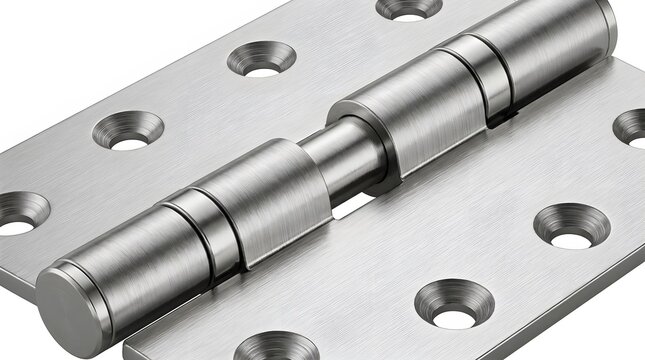 Detailed close-up of a brushed metal door hinge with countersunk screw holes, isolated on a white background, highlighting its texture and robust construction.