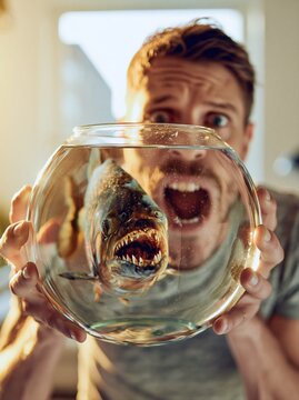 Man screaming at scary piranha fish in bowl