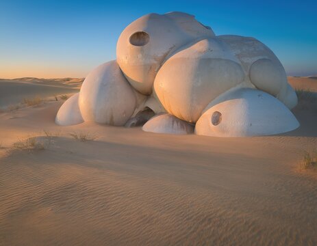 Rounded white stones rest in golden desert light