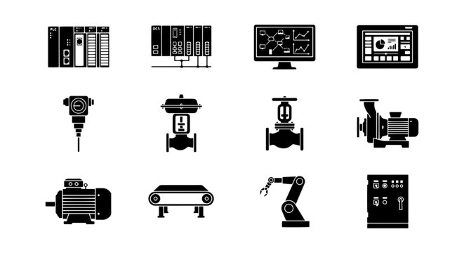 Industrial Automation Icons: Control Systems, Robotics, Machinery, and Equipment Vector Set