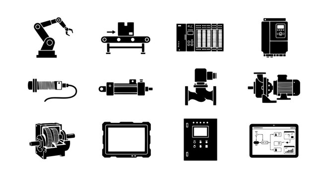 Industrial Automation Icons Set: Robotic Arm, Conveyor, PLC, Motor, Sensor, Valve, Pump, HMI