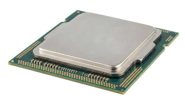 Central Processing Unit (CPU) for computer hardware, isolated on a white background. Modern technology processor chip.