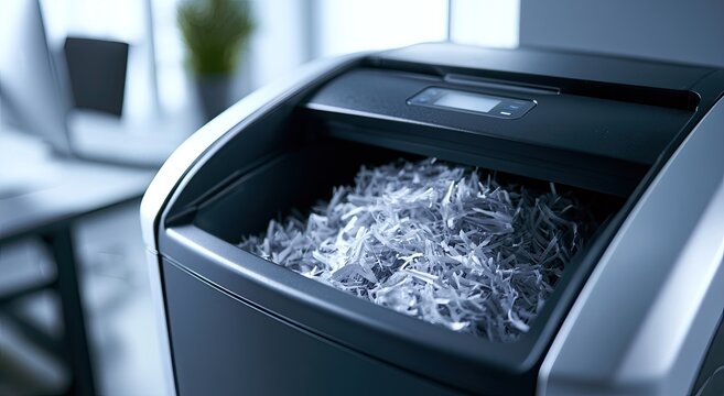 Close-up of a modern office paper shredder filled with shredded documents.