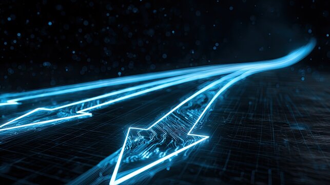 Abstract Blue Neon Arrows Flowing Through Digital Network.