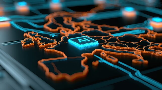 AI Technology Overlay on Europe Map with Glowing Circuits.