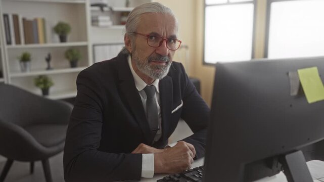 Man in suit and tie at desktop computer with red glasses and beard, finger to lips for silence in building; confidential silence focus.
