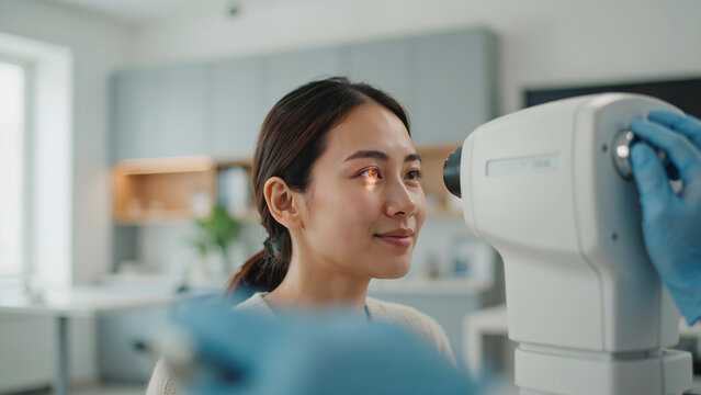 Asian Woman Having Eye Exam with Modern Refractometer Equipment