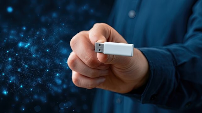 Hand Holding USB Flash Drive with Digital Data Particles.