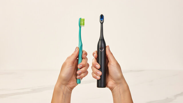 Hands holding manual toothbrush and black electric toothbrush for comparison