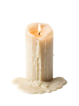 A single burning white wax candle with melting drips isolated on transparent background