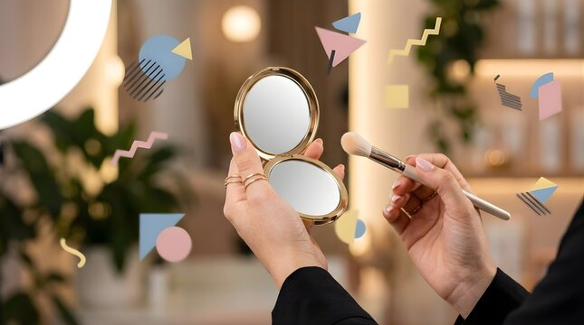Woman holding a gold makeup mirror and brush for beauty routine at home