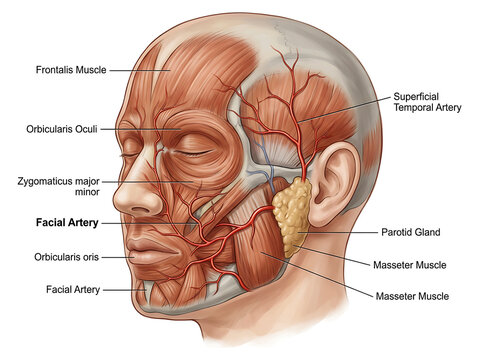 Labeled diagram of human head muscles and facial arteries