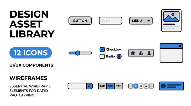 Design Asset Library with Icons and Wireframes User Interface Elements