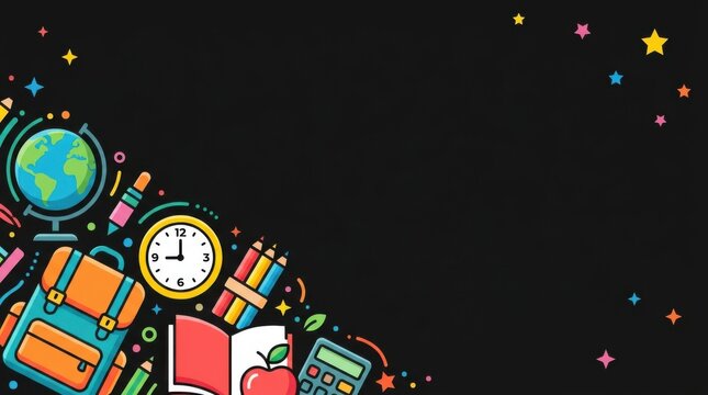 Dark blackboard background with a colorful border of school supplies and a globe on the bottom left