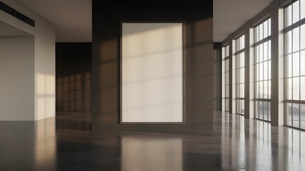 Fototapeta premium Large vertical blank poster frame on dark wall in modern industrial art gallery